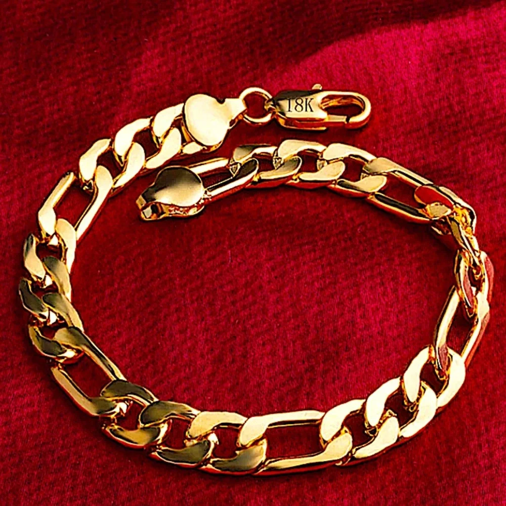 18K GOLD PLATED CUBAN FIGARO CHAIN LINK UNISEX NECKLACE BRACELET SET - Picture 5 of 14